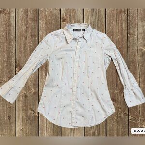 NY& Co. White pinstripe with pink heart 3/4 sleeve button down top size s